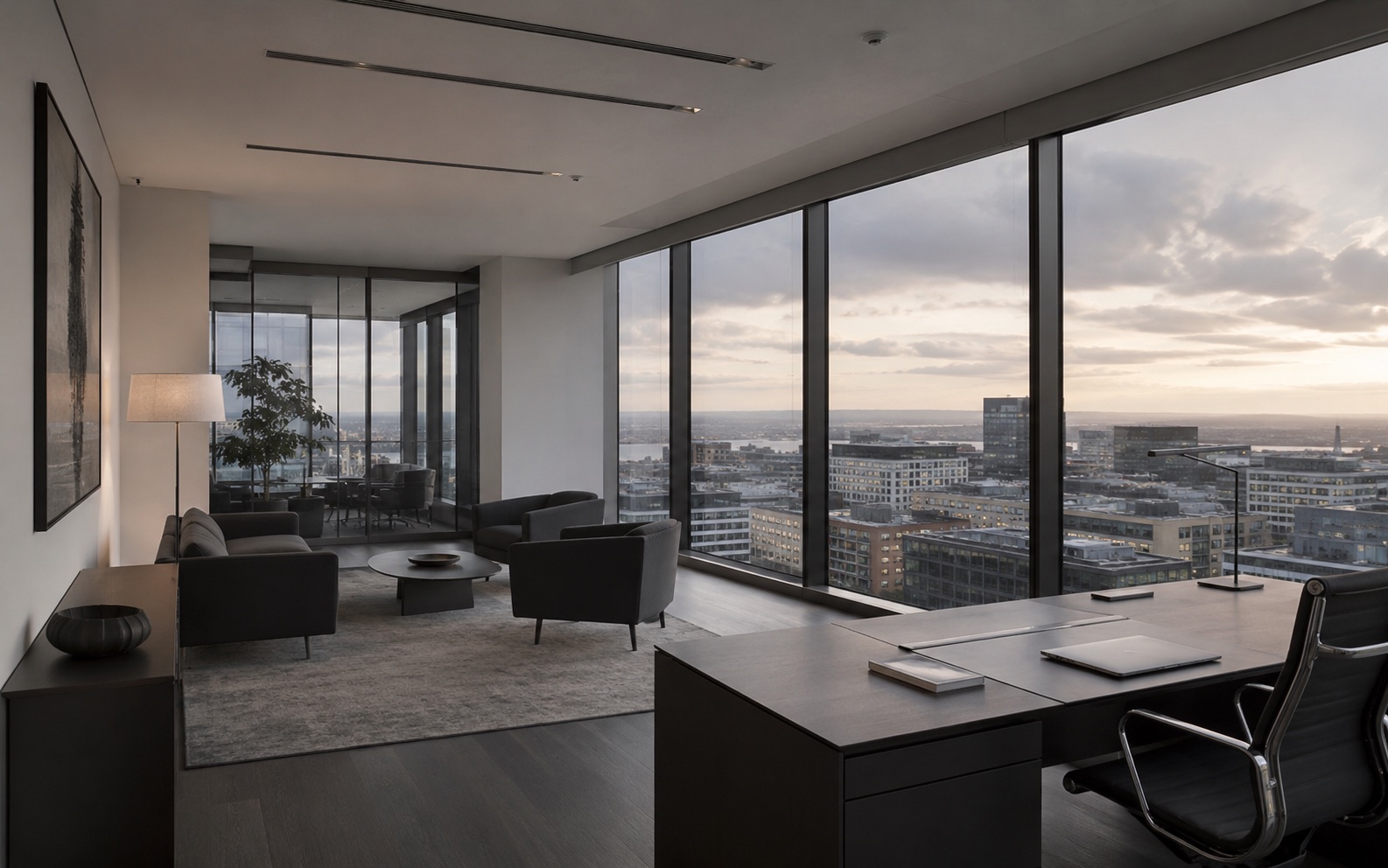 Modern northern European office overlooking a city skyline