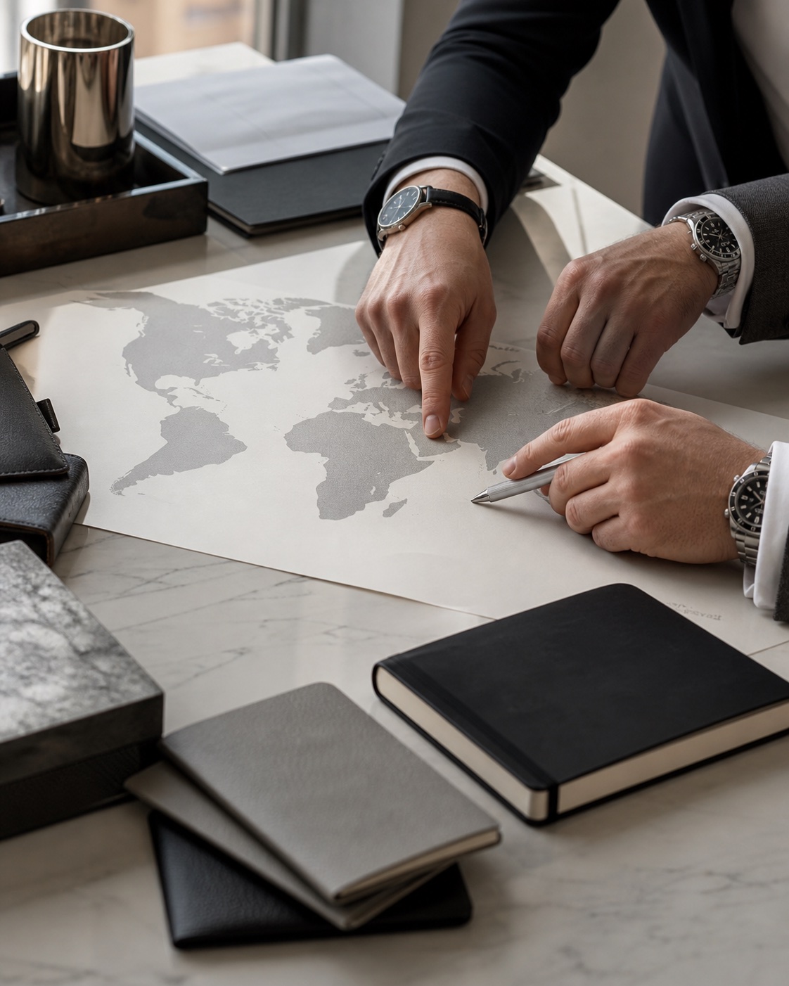 Abstract market entry documents on a premium consulting desk